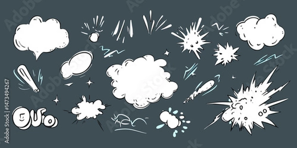 Obraz Set of comic cartoon effect smoke clouds, bursts, explosions, bursts, speed lines, splash doodles hand drawn vector illustration in black white outline style