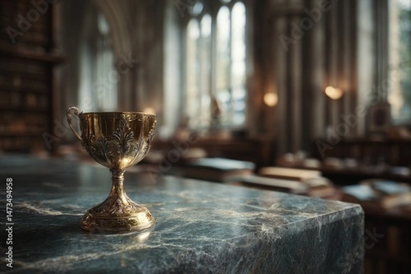 Fototapeta Ornate golden chalice on a stone surface within a cathedral.