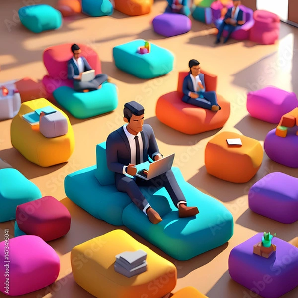 Fototapeta 3d vector illustration of men working on laptop