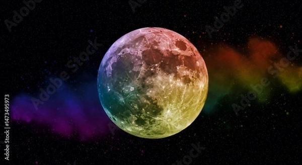 Fototapeta Rainbow Moon Pride LGBT Colors in Deep Space with Cosmic Dust Paint Splatter Illustration