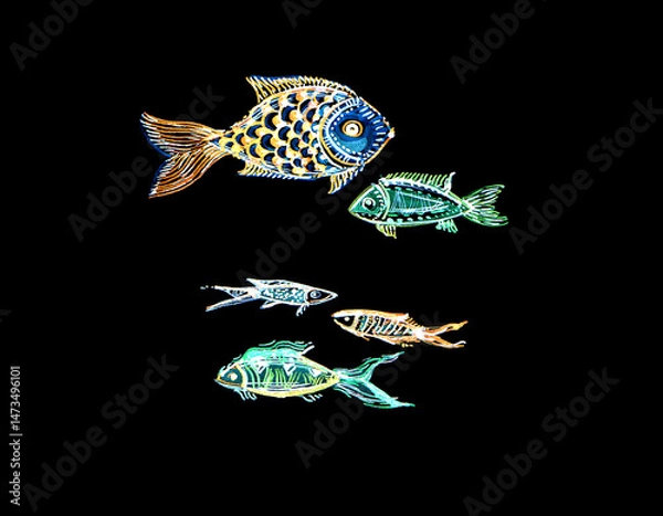 Fototapeta Illustration of colorful stylized fish. Fish of different sizes and shapes. Isolated on black background. Graphic drawing of colored lines, ornaments, fills. White, blue, orange, yellow, green colors.