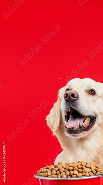 Fototapeta Happy labrador retriever dog enjoy bowl of dog food. healthy meal pet food simple red background with copy space for commercial vertical poster