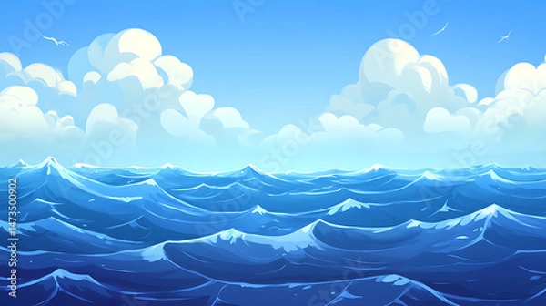 Fototapeta Cartoon illustration of blue ocean waves under a partly cloudy sky with seagulls