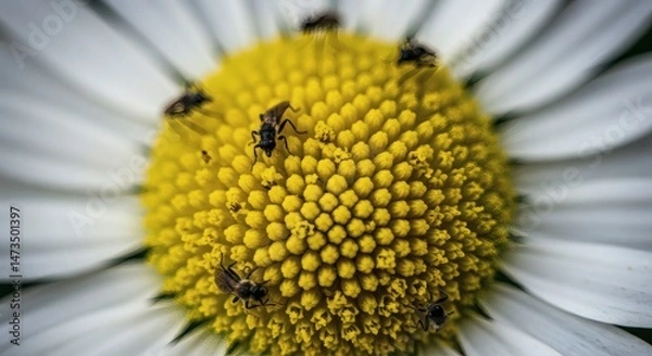 Fototapeta Daisy Flower Close-up with Small Insects on Yellow Pollen Center