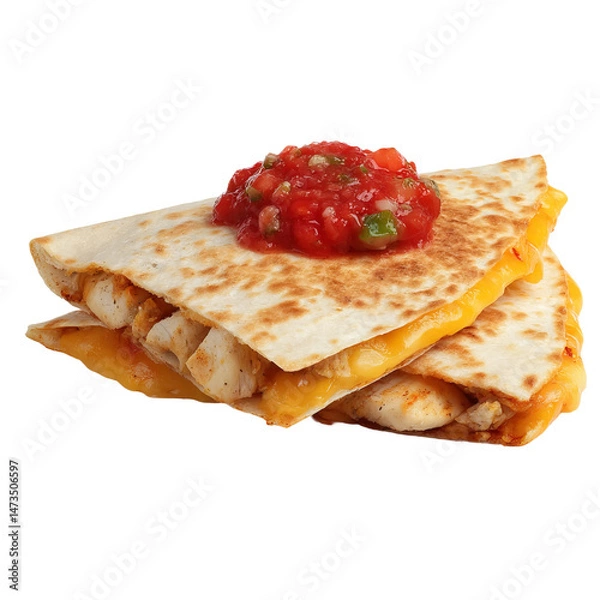 Fototapeta Delicious chicken quesadillas with fresh salsa topping, served on a plate