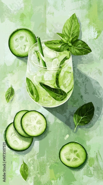 Fototapeta Refreshing cucumber basil drink with ice in a glass on green background