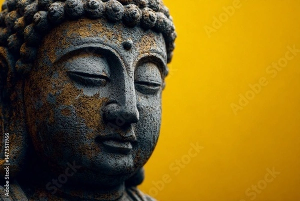 Fototapeta a buddha statue with closed eyes on a yellow background
