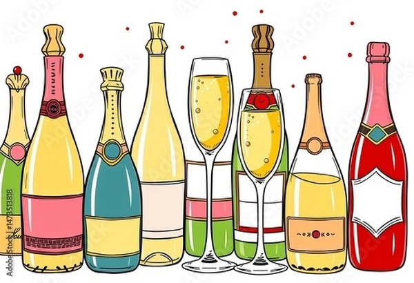 Fototapeta Whimsical cartoon doodle of vintage champagne & prosecco bottles; white & red sparkling wine in fancy glass , drink, glass