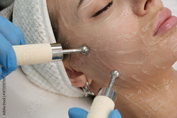 Fototapeta Close-up of performing a microcurrent therapy facial rejuvenation treatment to a client in a beauty clinic. Doctor uses electrical pulses for cosmetic procedures enhancing skin appearance