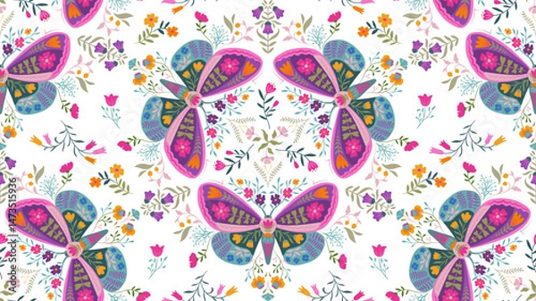 Fototapeta Vector seamless pattern with ornate insects, beetles, butterflies. Folk art floral natural endless background.