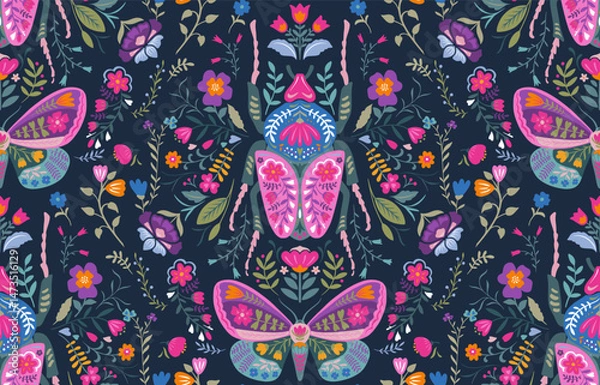 Fototapeta Vector seamless pattern with ornate insects, beetles, butterflies. Folk art floral natural endless background.