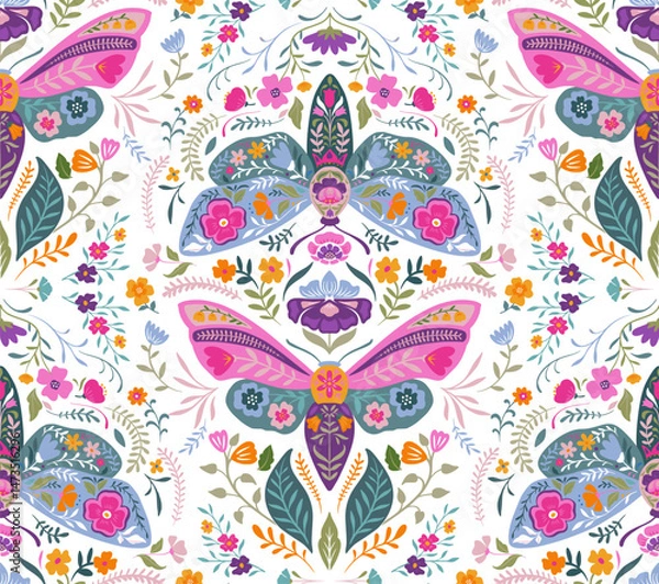 Fototapeta Vector seamless pattern with ornate insects, beetles, butterflies. Folk art floral natural endless background.