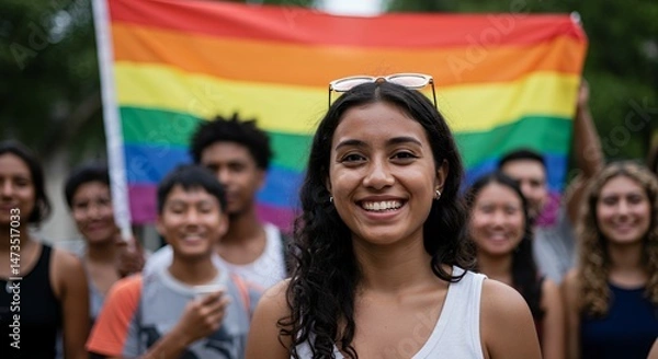 Obraz Medium Shot of Smiling Woman with Rainbow Flag Backdrop at Pride Parade Bathed in Soft Natural Lighting Representing Lgbt Awareness and Community with Diverse Group of People