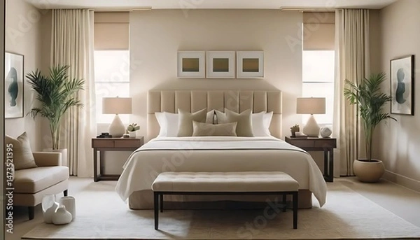 Obraz Elegant Bedroom Interior with Neutral Tones and Modern Design Elements