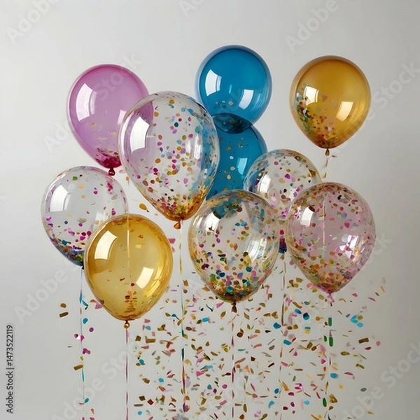 Fototapeta Luxurious transparent balloons floating on white background in elegant arrangement

