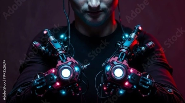 Fototapeta futuristic person with glowing cybernetic arms in red and blue light for use in sci fi art, cyberpunk themes, or technology concepts