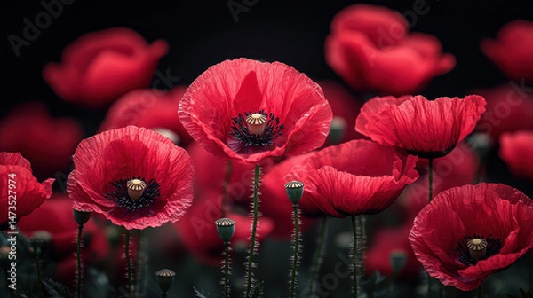 Obraz A field of vibrant crimson poppies stands majestically against a deep, velvety black background, evoking a poignant reminder of the fallen soldiers who gave their lives for our freedoms, a powerful 