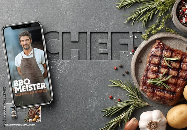 Fototapeta Mobile phone mockup with BBQ food concept