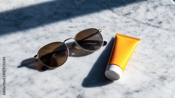 Fototapeta Sunglasses and sunscreen on marble surface, casting shadows in sunlight