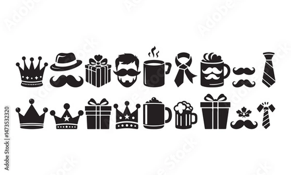 Obraz Father’s Day Icon Set Gift, Tie, Mug, Mustache, Crown Silhouettes Collection vector illustration on white background