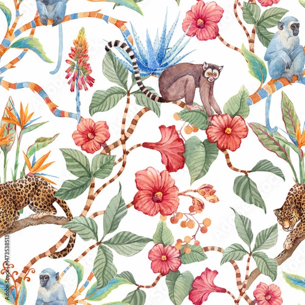Obraz Tropical Jungle Pattern with Exotic Animals and Flowers , Watercolor hand drawn Illustration