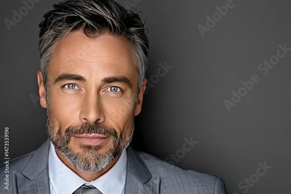 Fototapeta Confident businessman in a tailored suit with a well-groomed beard and striking blue eyes showcasing professionalism and charisma in a corporate setting concept