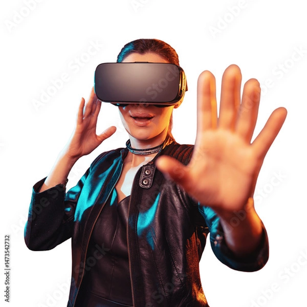 Fototapeta Stylish woman in black leather jacket wearing virtual reality headset on isolated white background making hand gesture, with colorful blue orange lighting for digital technology concept