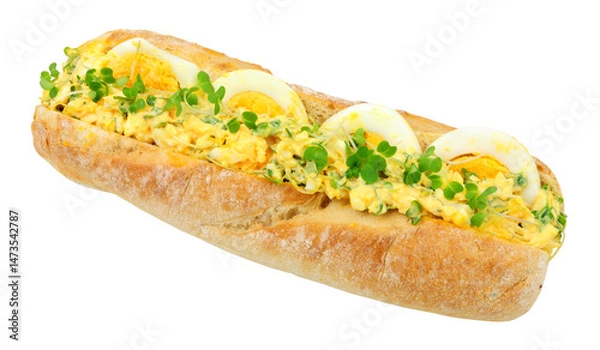 Fototapeta Egg mayonnaise sandwich with cress herb in a crusty bread baguette isolated on a white background