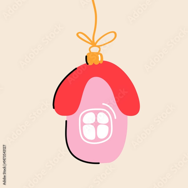 Fototapeta Simple cute minimalistic colorful Christmas tree decoration in the form of a house in retro style on a light background; hand-drawn illustration, drawing, flat style