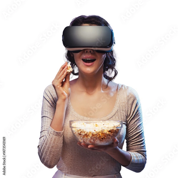 Fototapeta Young girl getting experience VR headset is using augmented reality eyeglasses being in virtual reality. Young woman wear VR headset and watch movie with popcorn at stay home