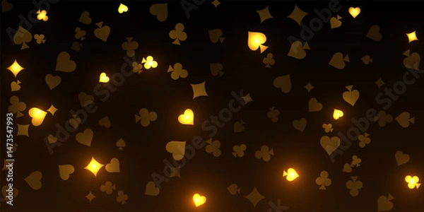 Obraz Casino background. Falling golden glowing playing cards on black background. Sparkling hearts, clubs, diamonds and spades on dark. Online gambling concept. VIP abstract vector illustration.