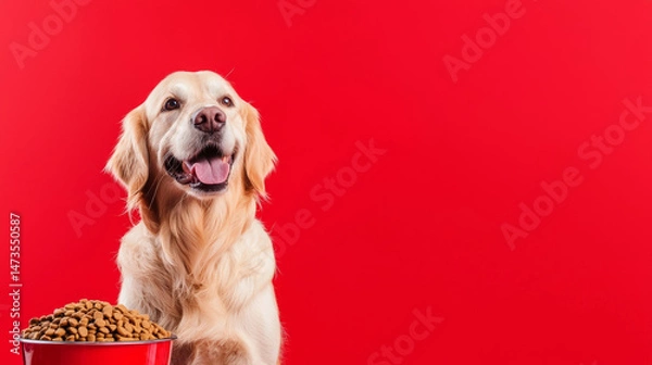 Fototapeta Happy golden retriever dog enjoy bowl of dog food. healthy meal pet food simple red background with copy space for commercial