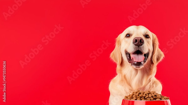 Fototapeta Happy golden retriever dog enjoy bowl of dog food. healthy meal pet food simple red background with copy space for commercial