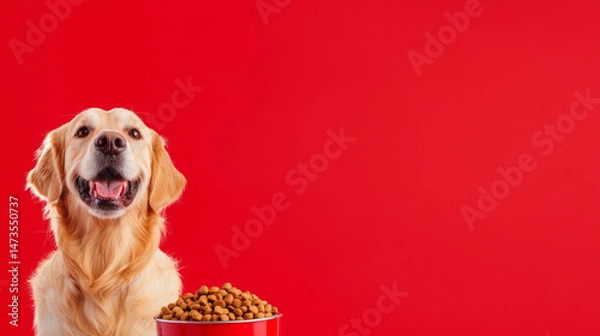 Fototapeta Happy golden retriever dog enjoy bowl of dog food. healthy meal pet food simple red background with copy space for commercial