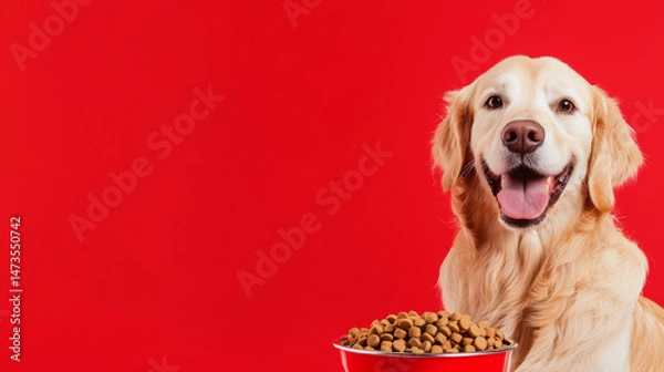 Fototapeta Happy golden retriever dog enjoy bowl of dog food. healthy meal pet food simple red background with copy space for commercial