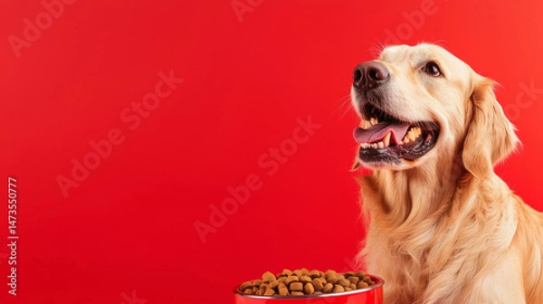 Fototapeta Happy golden retriever dog enjoy bowl of dog food. healthy meal pet food simple red background with copy space for commercial