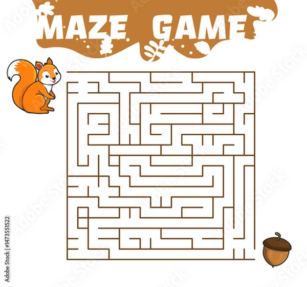 Fototapeta Maze puzzle with cheerful cartoon orange squirrel, an acorn, easy game for children