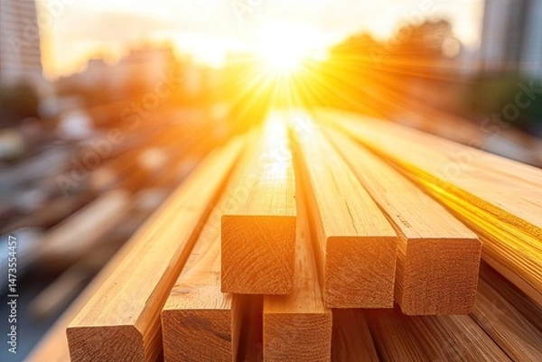 Obraz Stacked lumber beams at sunset