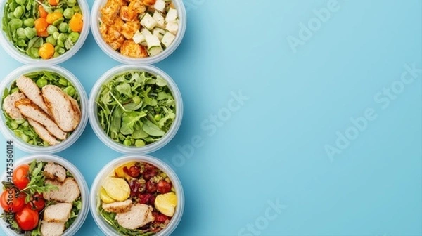 Fototapeta A selection of healthy meal prep containers are arranged on blue background.