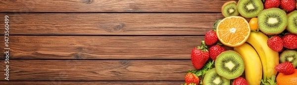 Fototapeta Various fresh fruits are displayed on rustic wood for a healthy diet.