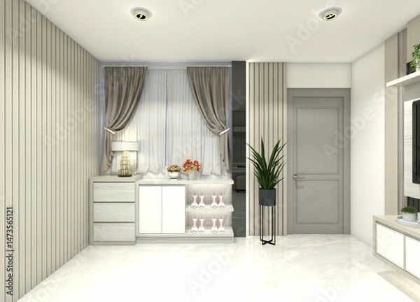 Fototapeta Minimalist 3D design for a shoe and storage cabinet positioned under a window.