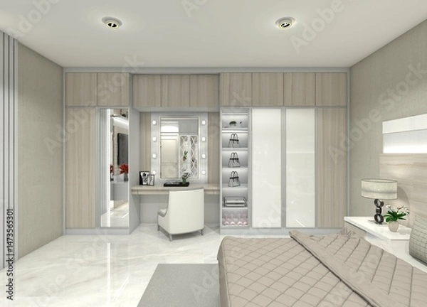 Fototapeta Modern, elegant, and clean 3D design for a wardrobe, bag display cabinet, and dressing table for bedroom or walk-in closet interiors.