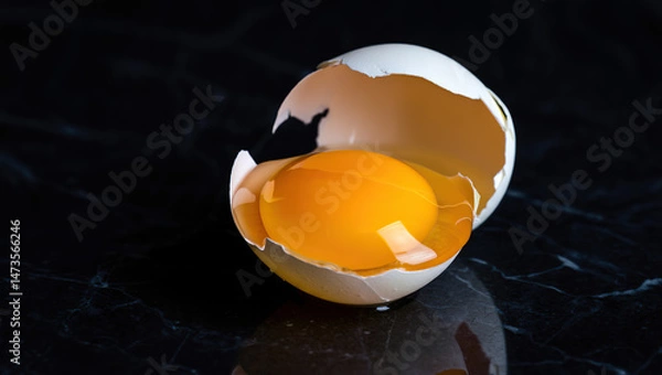 Fototapeta A cracked egg with a glowing yolk, symbolizing potential and new beginnings in a striking, minimalist composition.