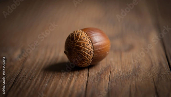 Fototapeta A solitary acorn resting gently on a rustic wooden surface, evoking a sense of nature, simplicity, and tranquility with soft, natural lighting and detailed textures.