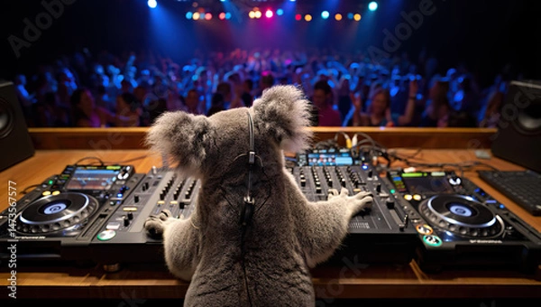 Fototapeta A cool koala spins tracks at a lively party, bringing fun and energy with its DJ skills, adding a quirky touch to the celebration.