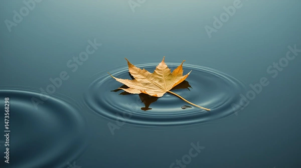 Fototapeta A single leaf floats gently on a still pond, surrounded by soft ripples, creating a peaceful and serene nature scene.