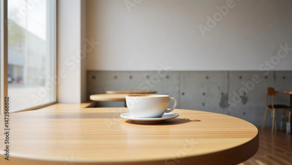 Fototapeta A single coffee cup rests on a wooden table in a minimalist café, capturing calm, simplicity, and modern design in one serene moment.