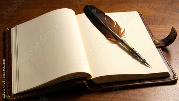 Fototapeta A realistic rendering of a leather-bound journal and an antique quill pen, evoking vintage charm and timeless elegance in a classic writing setup.