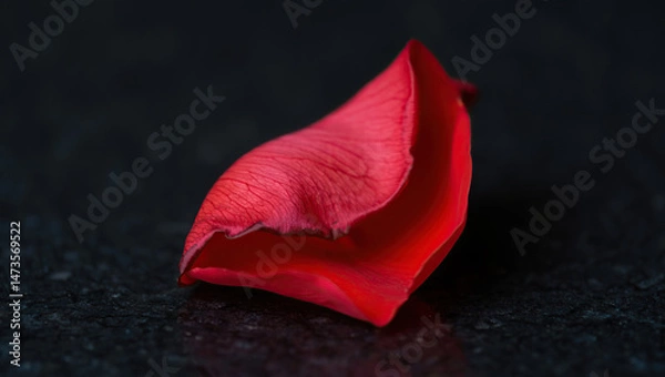 Fototapeta A delicate rose petal gently rests on a smooth black stone, creating a contrast of softness against the sleek, polished surface.