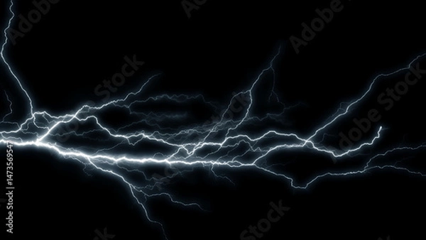Fototapeta Lightning Effect Overlay, Isolated Electric Thunderstorm Bolt Strikes on Dark Night Sky Background, High-Resolution Flash Energy Discharge Texture